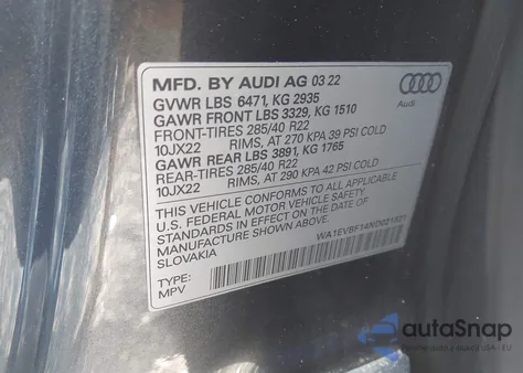 2022 Audi Q8 Premium Plus 55 Tfsi Quattro Tiptronic z USA, uszkodzony, nr VIN WA1EVBF14ND021821